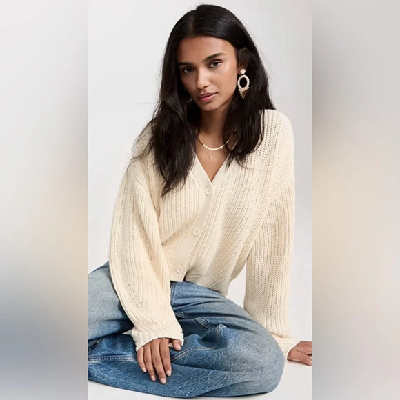 Polly Women’s Wool Blend Ribbed Cardigan in Ivory Size M/L - Picture 1 of 9